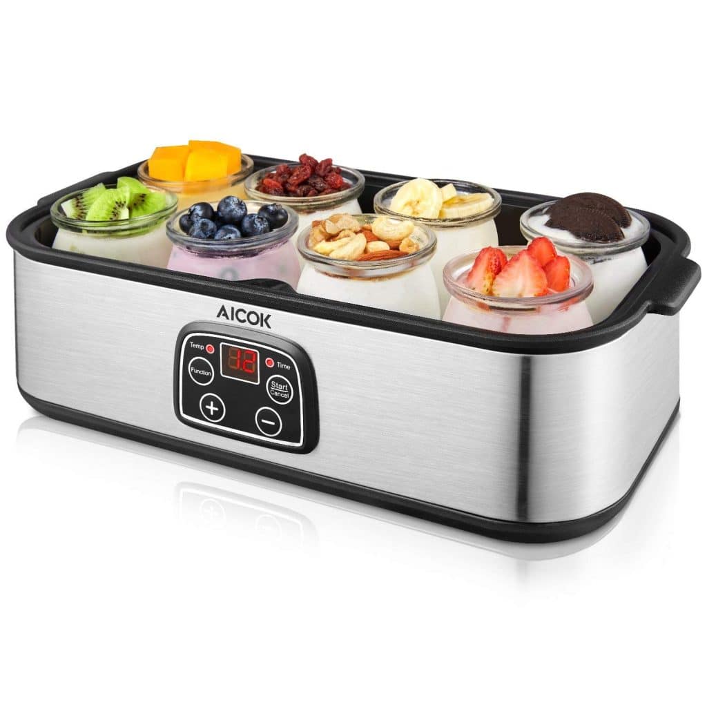 L'Aicok est une Yaourtière en acier inoxydable avec 8 pots en verre/écran LED/réglage de la température/minuterie/arrêt automatique