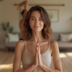 Une belle femme avec de longs cheveux bruns méditant dans un salon lumineux.